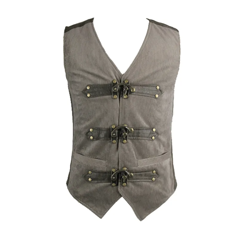 Steampunk Brown Waistcoat with Metal Busk Closure / Male Vintage Striped Vest with Buckles