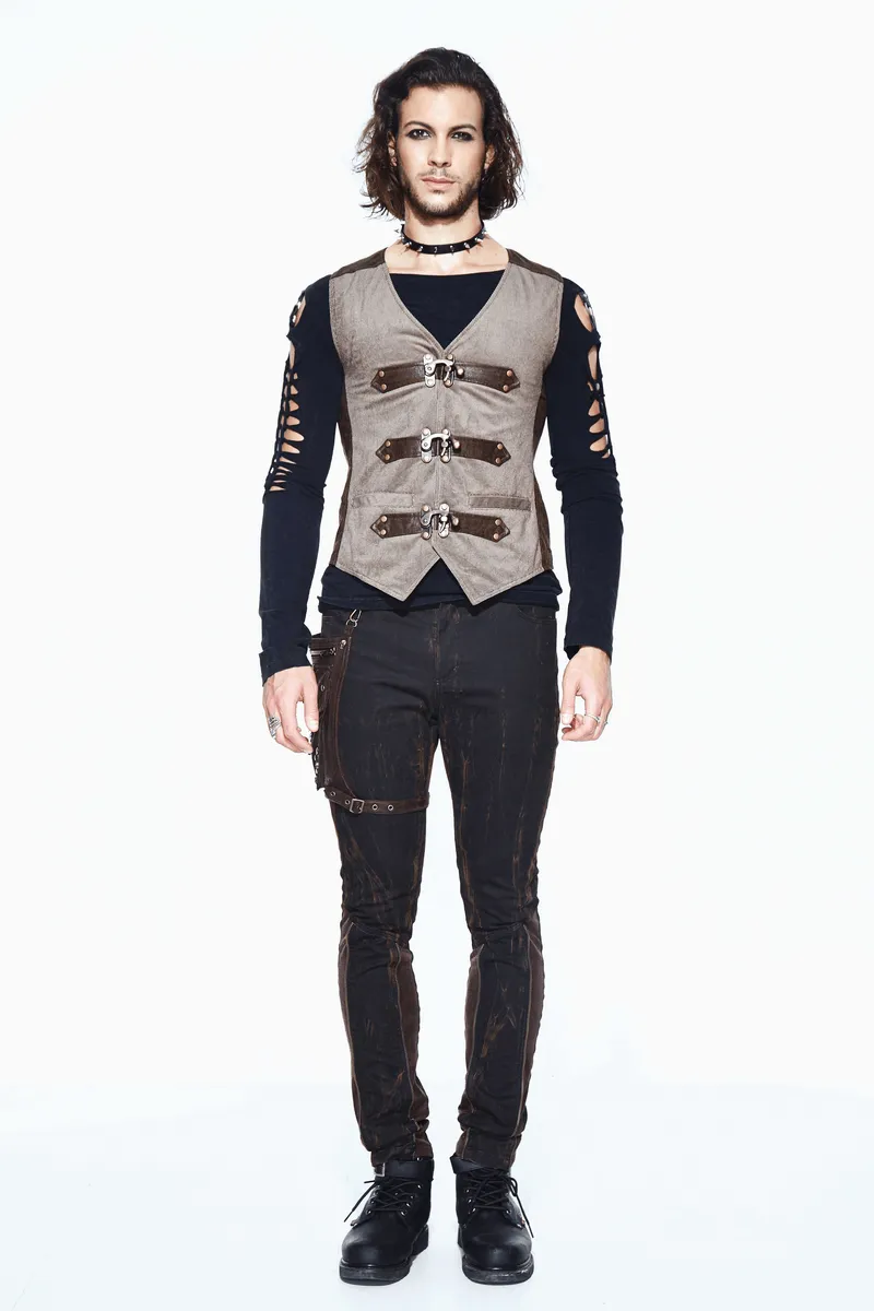 Steampunk Brown Waistcoat with Metal Busk Closure / Male Vintage Striped Vest with Buckles