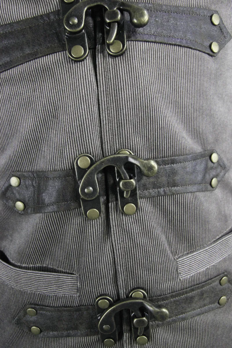 Steampunk Brown Waistcoat with Metal Busk Closure / Male Vintage Striped Vest with Buckles