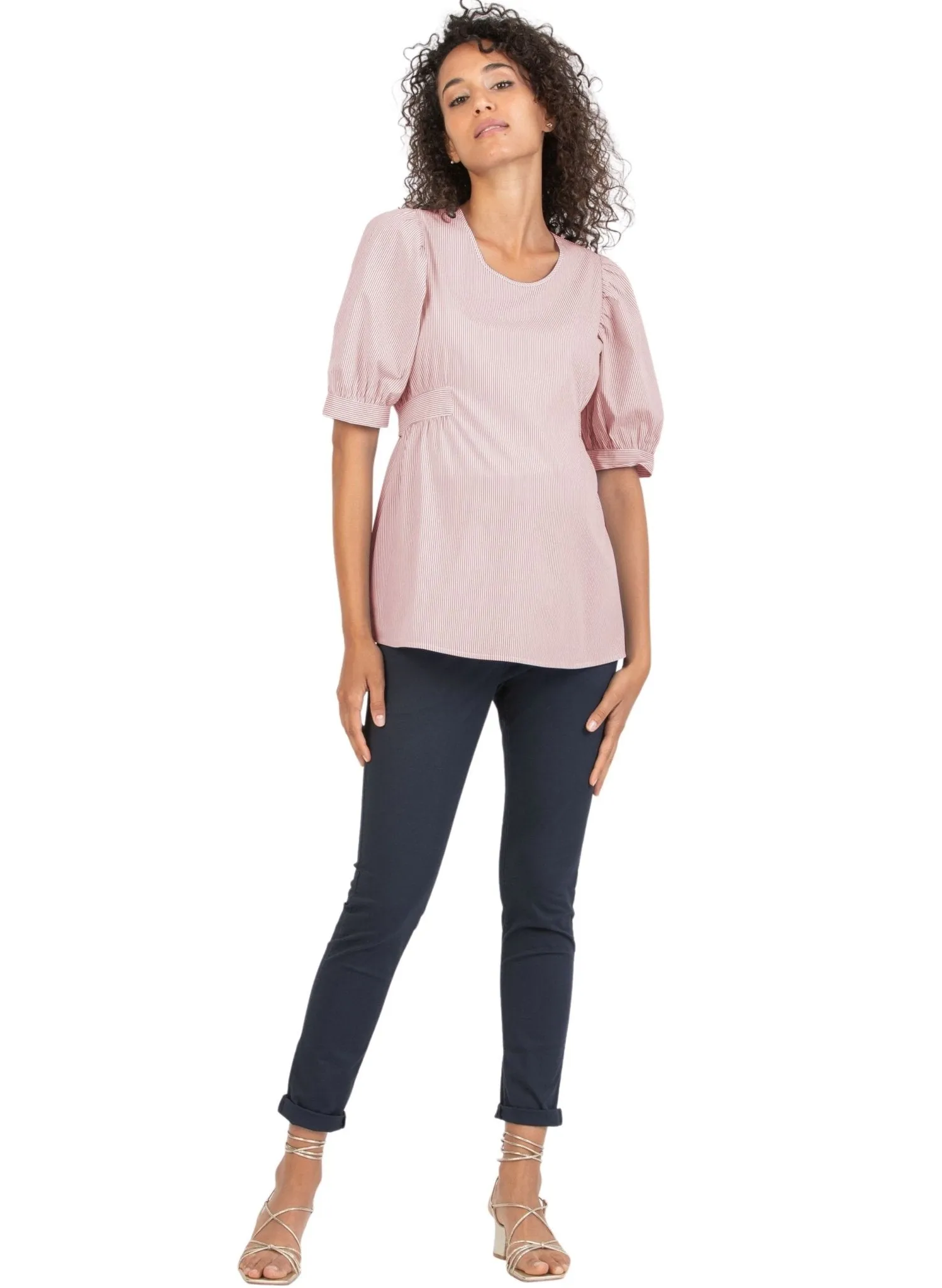 Striped Maternity Blousewith Balloon Sleeve - Pink