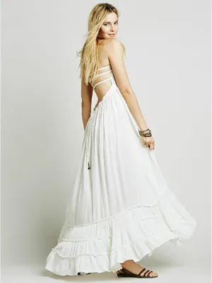 Summer Leisure sexy backless sleeveless maxi cotton dresses Vacation Maxi Sundress