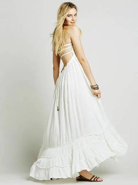 Summer Leisure sexy backless sleeveless maxi cotton dresses Vacation Maxi Sundress