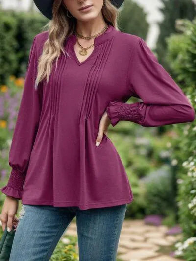 Sweet Chic Notched Neck Long Sleeve Blouse