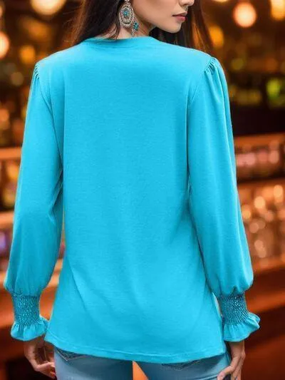 Sweet Chic Notched Neck Long Sleeve Blouse