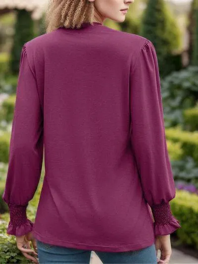 Sweet Chic Notched Neck Long Sleeve Blouse