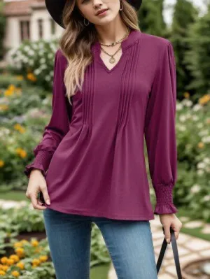Sweet Chic Notched Neck Long Sleeve Blouse