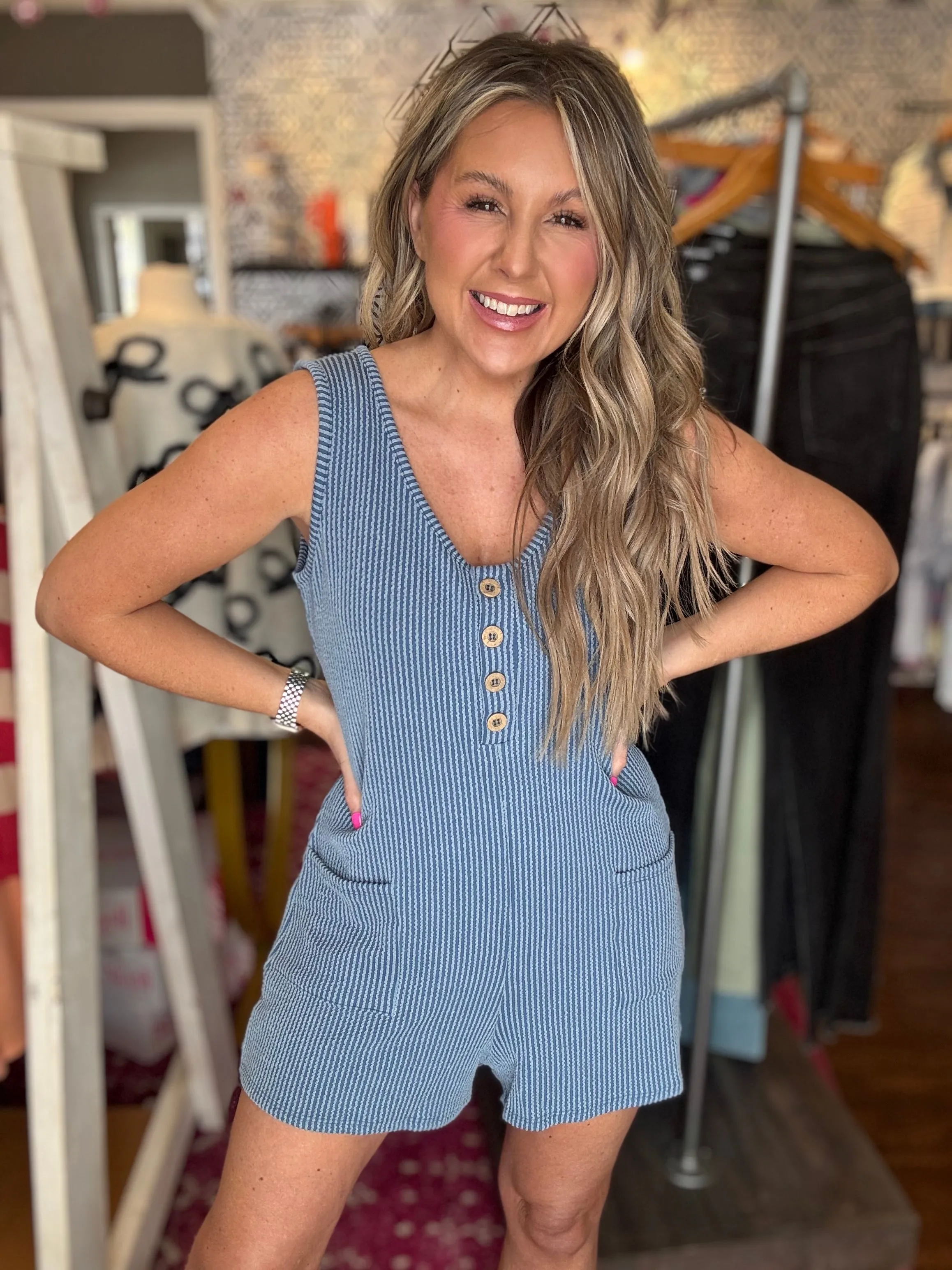 Take It Easy Corded Romper Dusty Blue