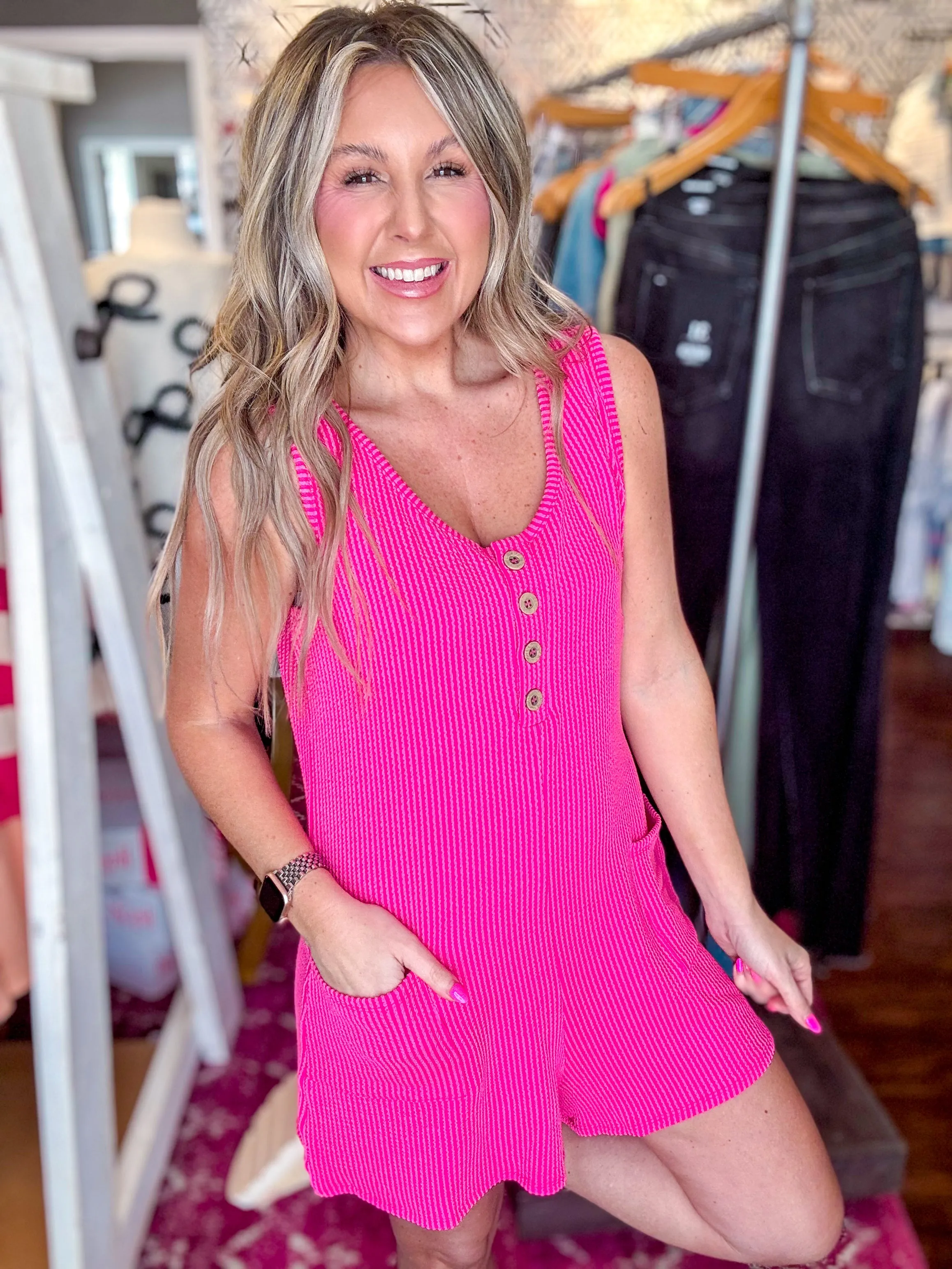 Take It Easy Corded Romper Hot Pink