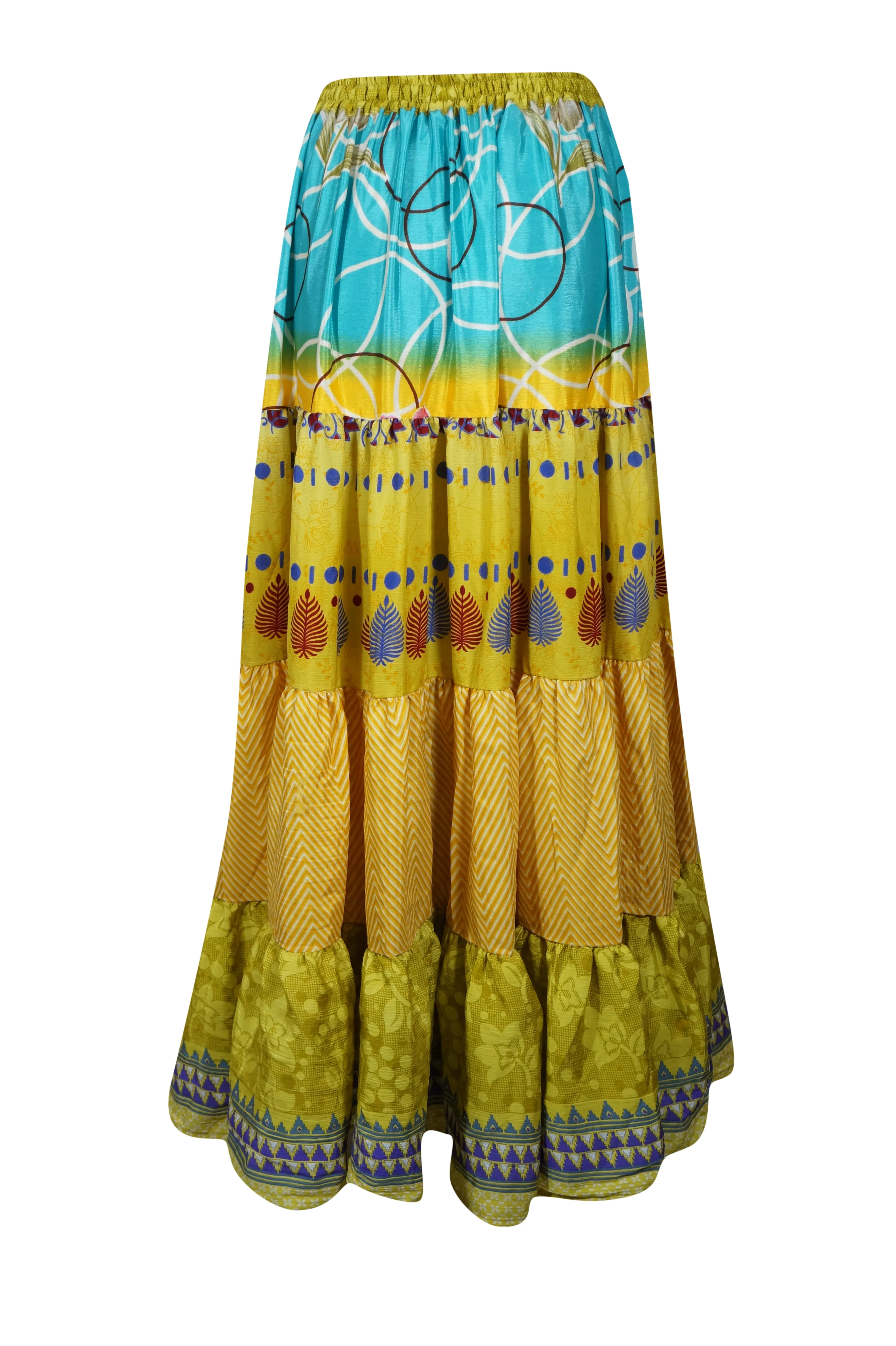 Trendy Flowy Skirt Yellow Blue  Maxi Skirt Stylish Boho Skirt Dress S/M