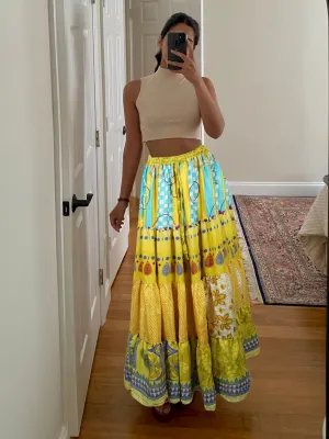 Trendy Flowy Skirt Yellow Blue  Maxi Skirt Stylish Boho Skirt Dress S/M