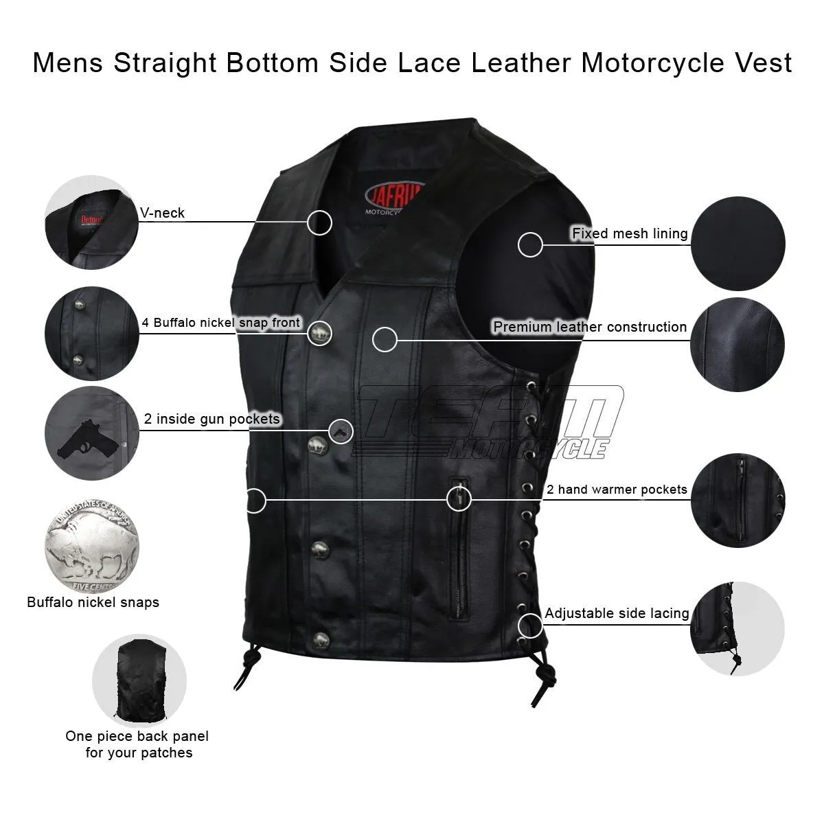 Vance Leathers Mens Black Straight Bottom Leather Motorcycle Vest