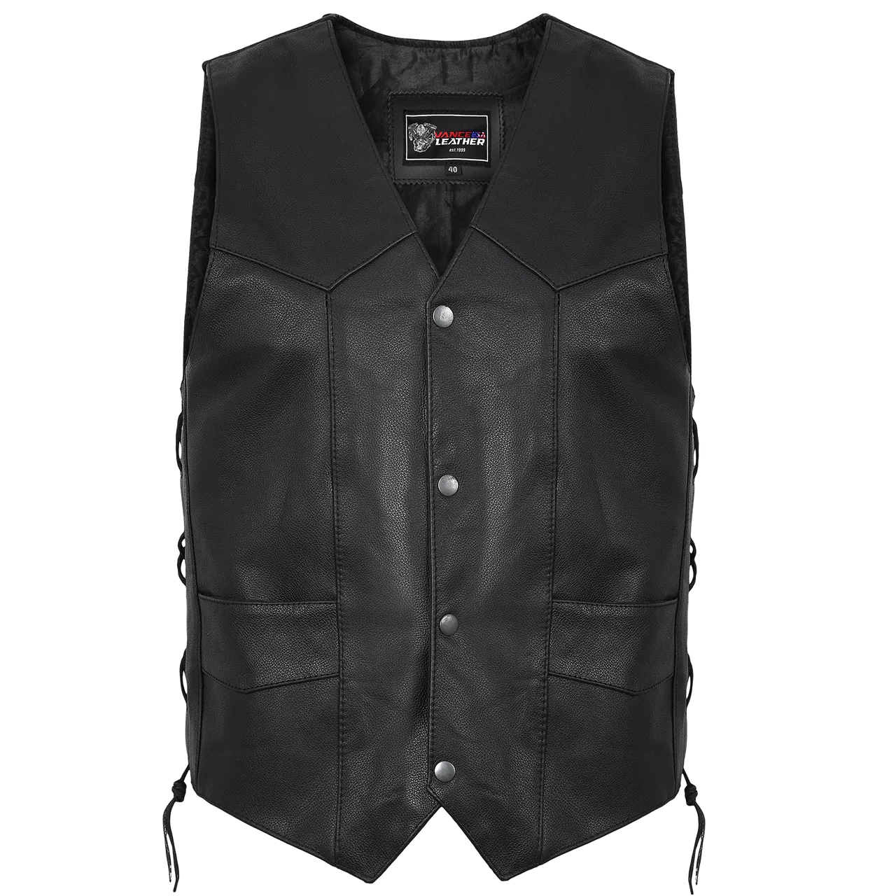 Vance VL922S Men's Black Side Laces Leather Biker Motorcycle Vest