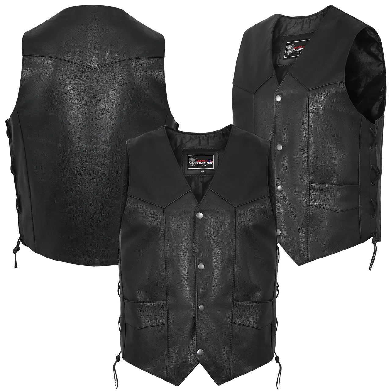 Vance VL922S Men's Black Side Laces Leather Biker Motorcycle Vest