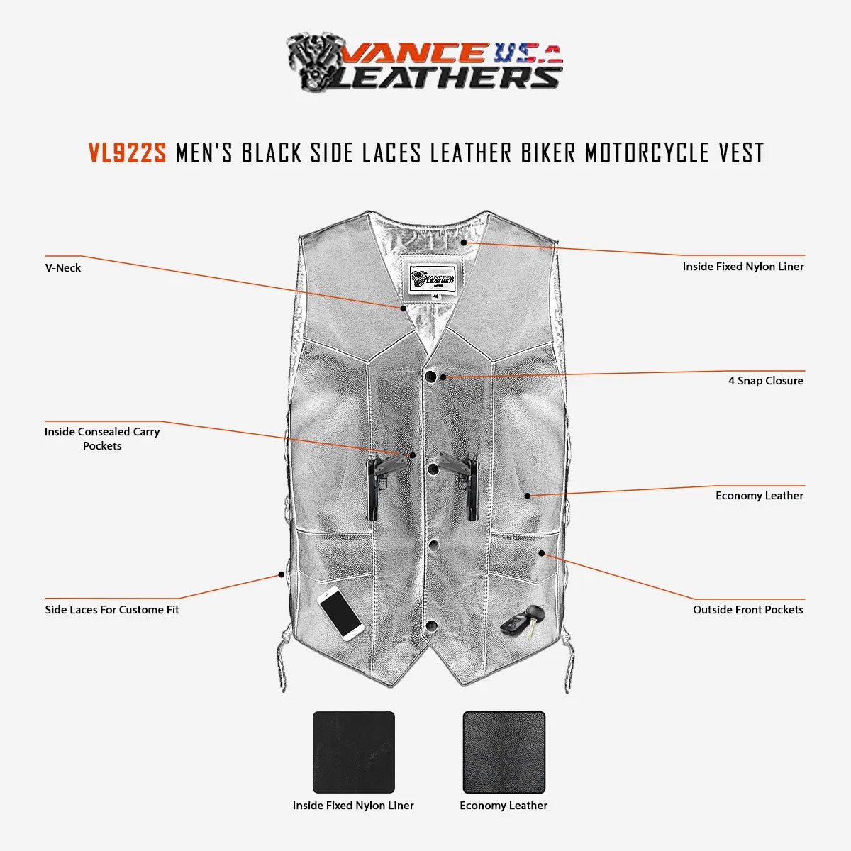 Vance VL922S Men's Black Side Laces Leather Biker Motorcycle Vest