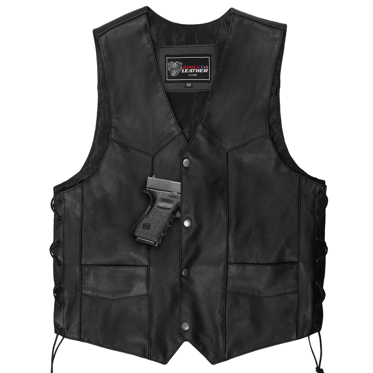 Vance VL922S Men's Black Side Laces Leather Biker Motorcycle Vest