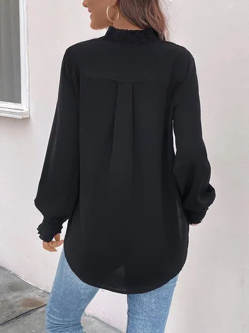 Versatile Chic Notched Neck Black Long Sleeve Blouse
