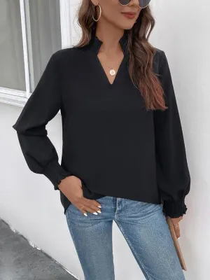 Versatile Chic Notched Neck Black Long Sleeve Blouse