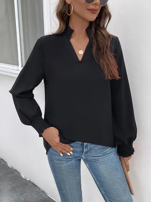 Versatile Chic Notched Neck Black Long Sleeve Blouse