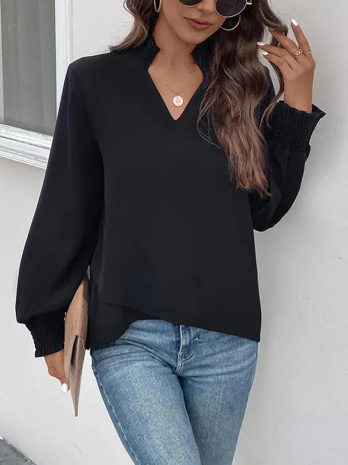 Versatile Chic Notched Neck Black Long Sleeve Blouse