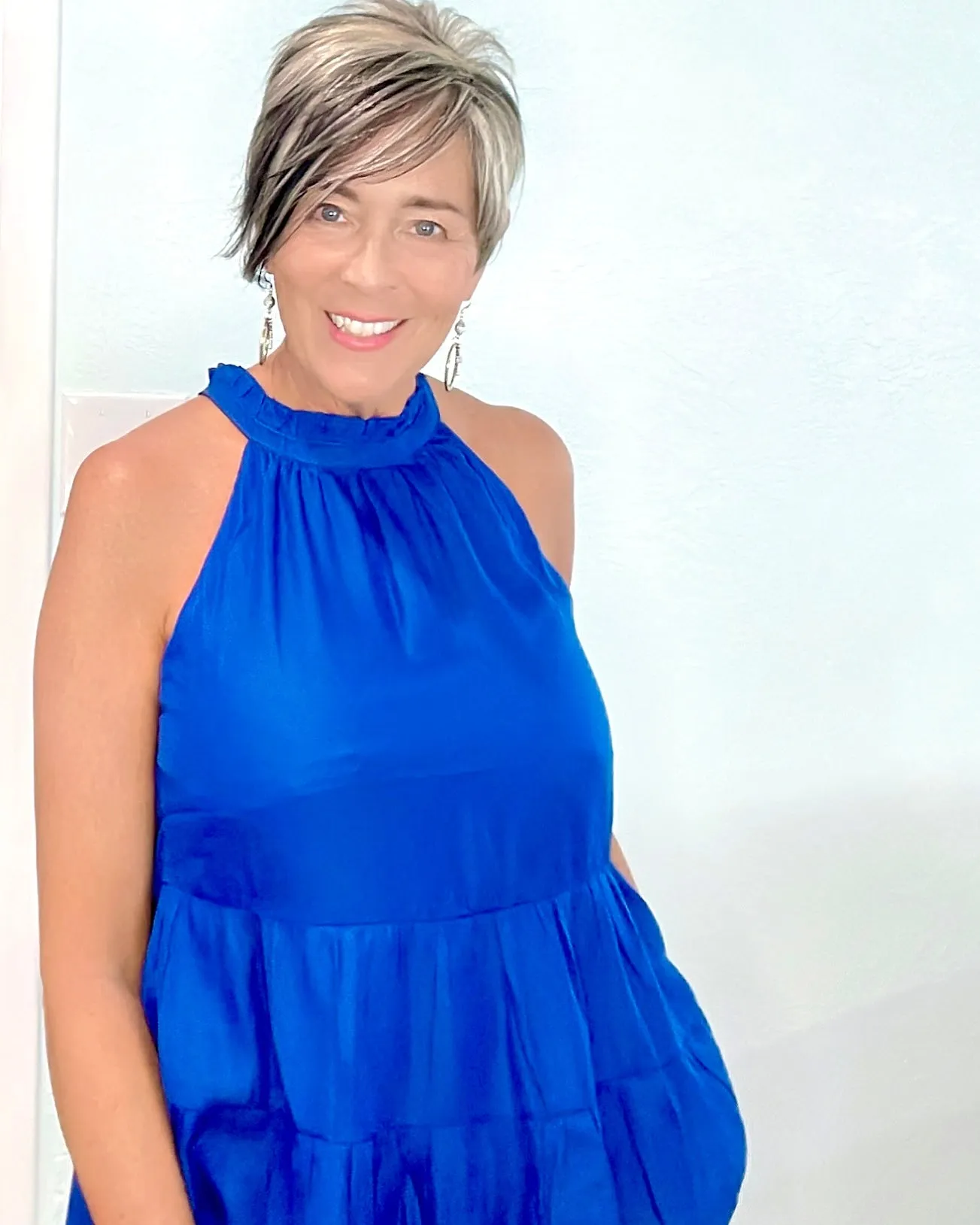 Vibrant Electric Solid Royal Blue Tier Ruffle Halter Tie Tank Top