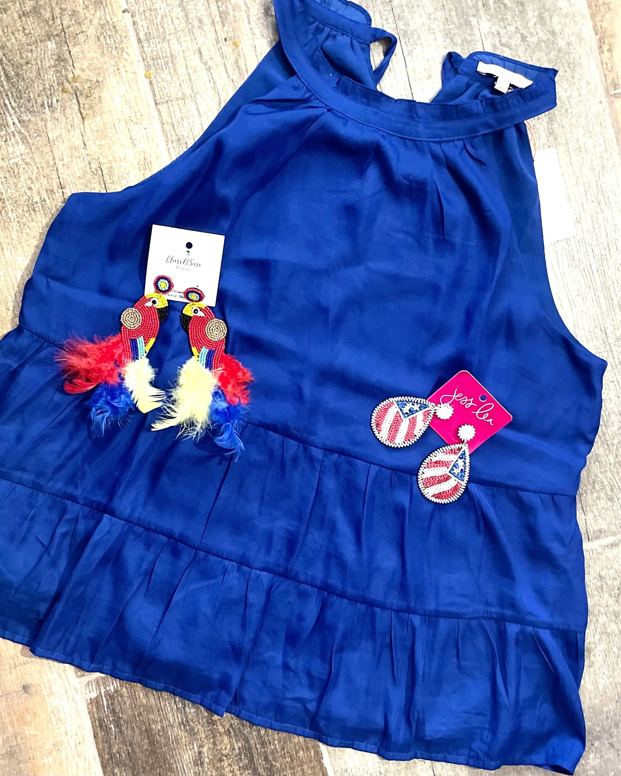 Vibrant Electric Solid Royal Blue Tier Ruffle Halter Tie Tank Top