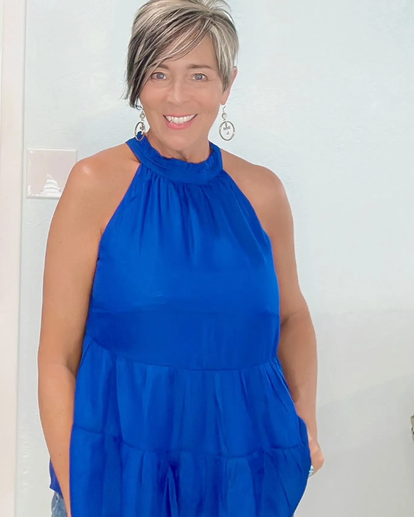 Vibrant Electric Solid Royal Blue Tier Ruffle Halter Tie Tank Top