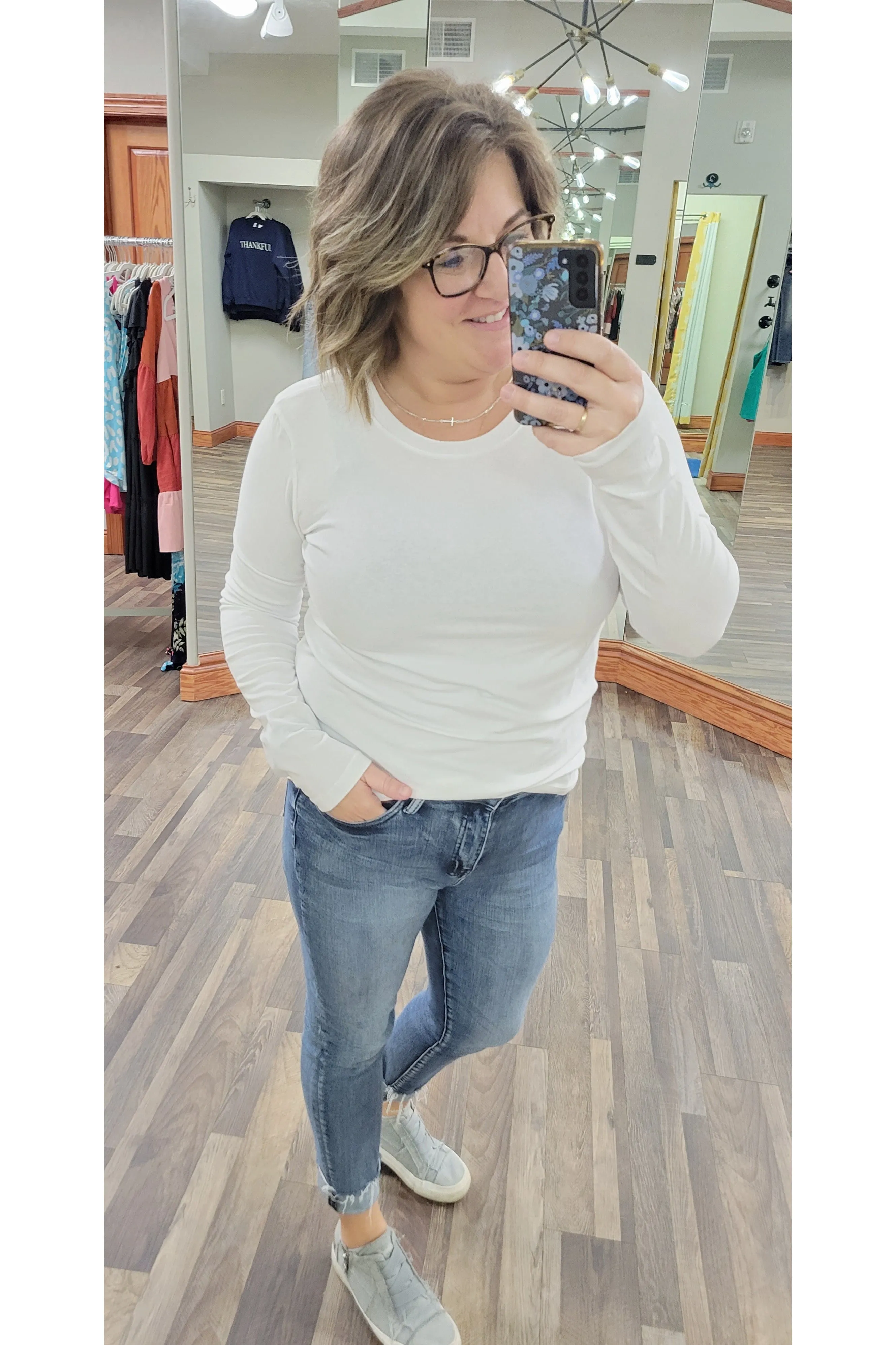 White Long Sleeve Cotton Crew Neck