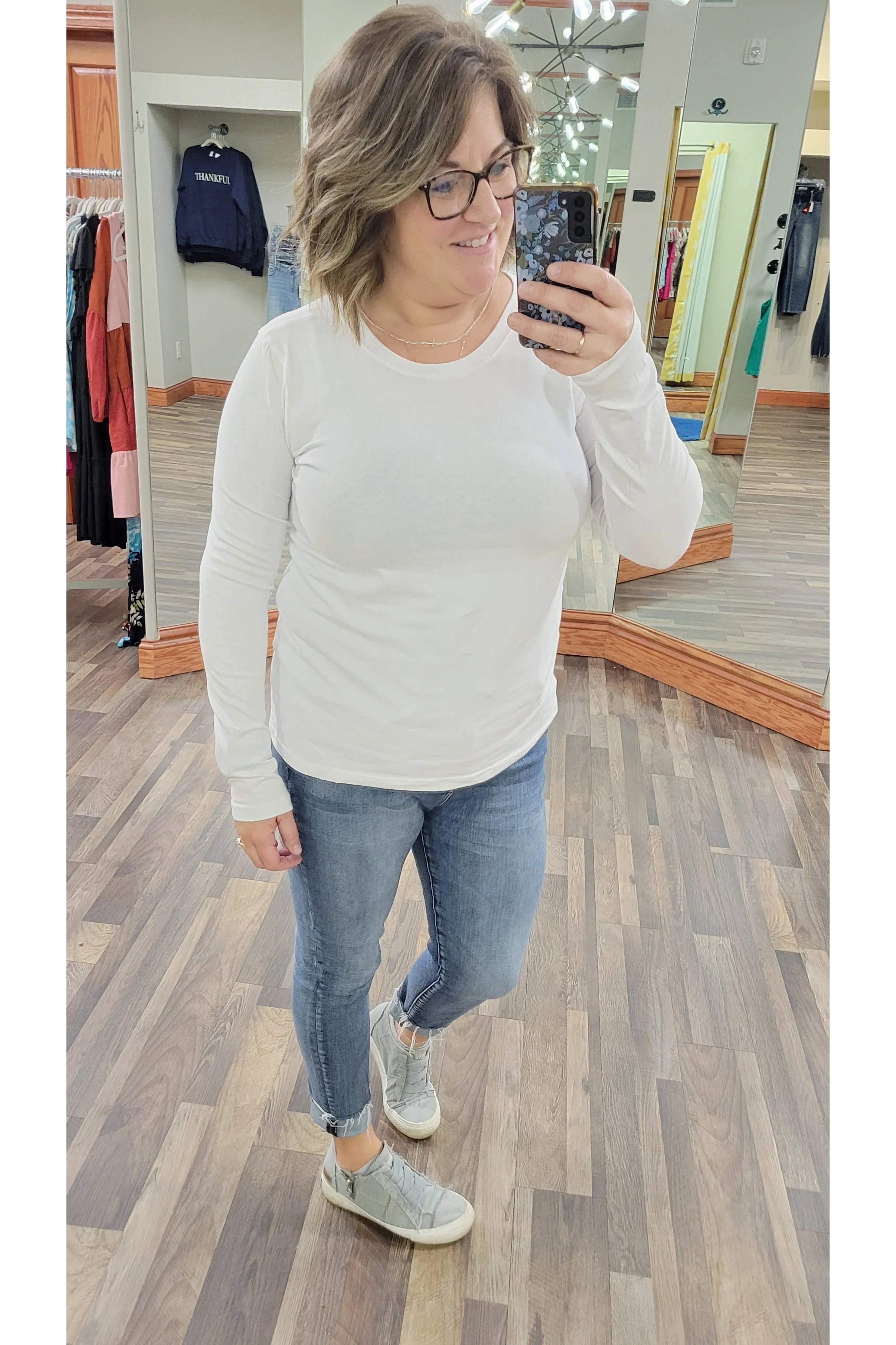 White Long Sleeve Cotton Crew Neck