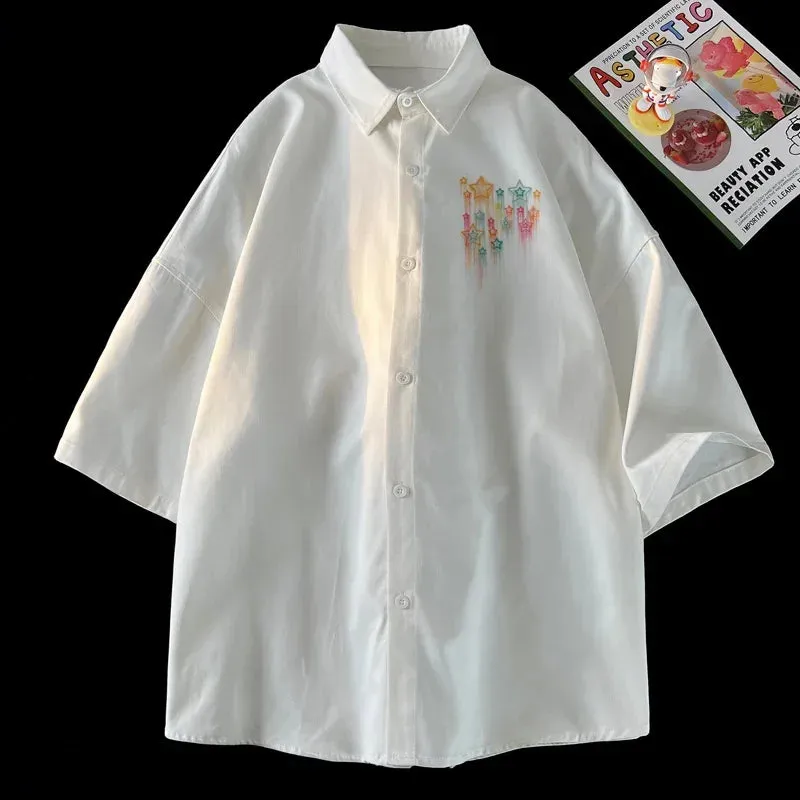 WIAOFELLAS  -  New Graphic Print Short Sleeve Shirt For Men Harajuku Chic Man Blouses Baggy Large Size Turn-down Collar Shirts