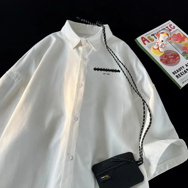 WIAOFELLAS  -  New Graphic Print Short Sleeve Shirt For Men Harajuku Chic Man Blouses Baggy Large Size Turn-down Collar Shirts