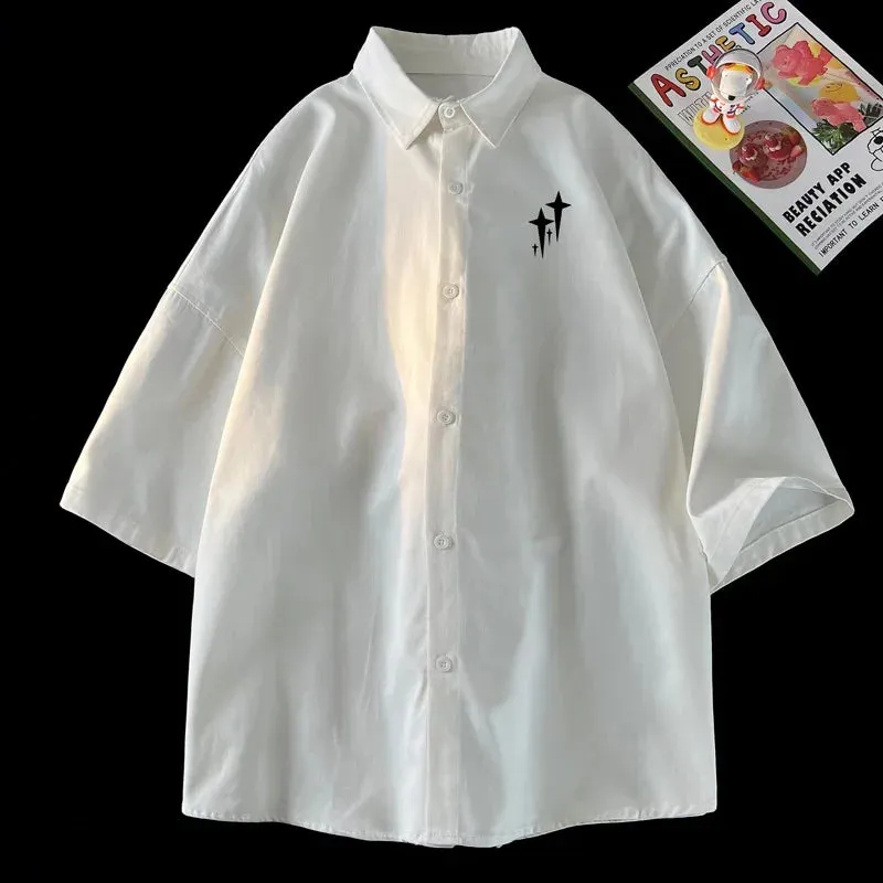 WIAOFELLAS  -  New Graphic Print Short Sleeve Shirt For Men Harajuku Chic Man Blouses Baggy Large Size Turn-down Collar Shirts