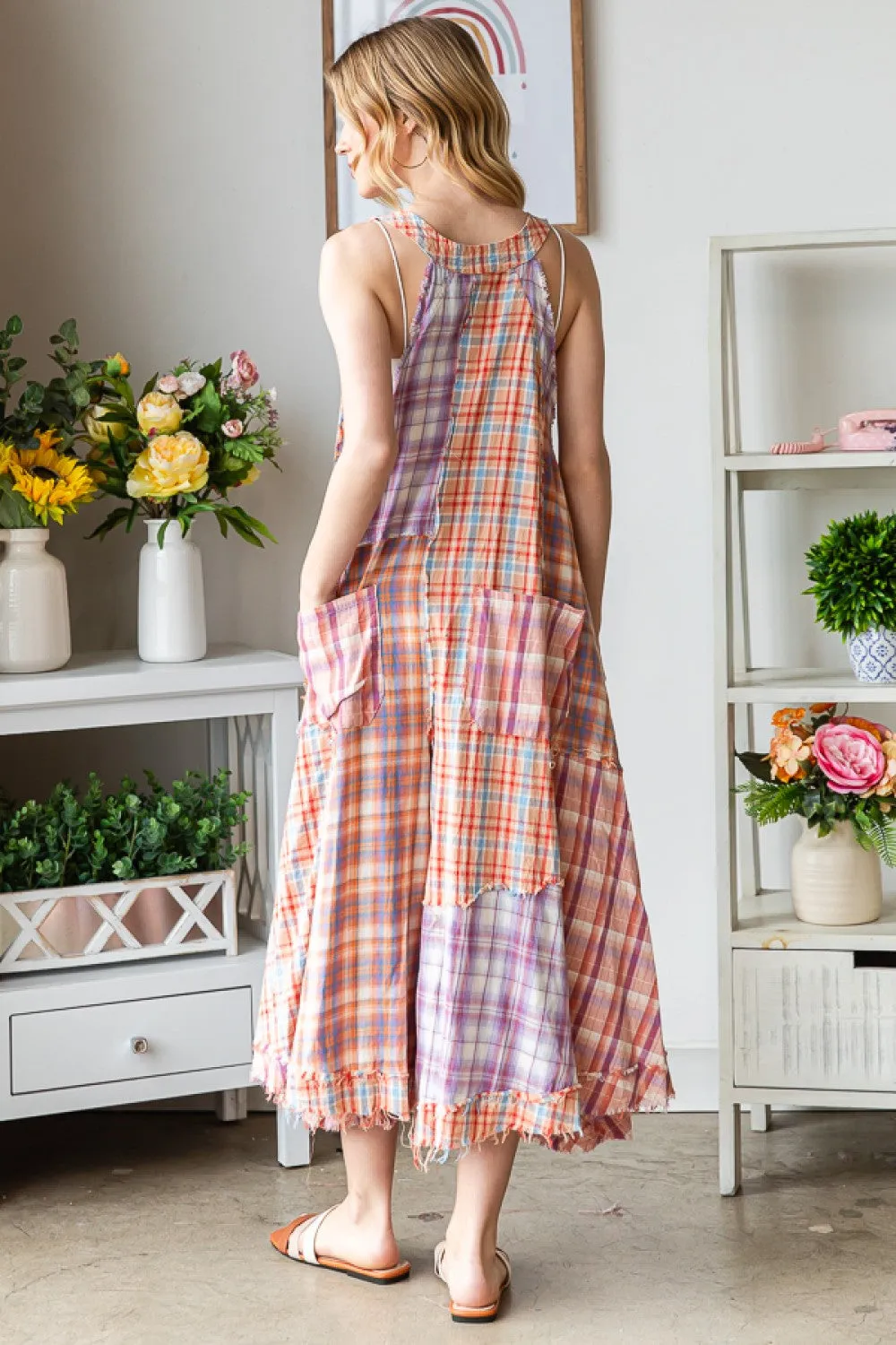 Wide Leg Washed Mixed Plaid Jumpsuit - Oli & Hali