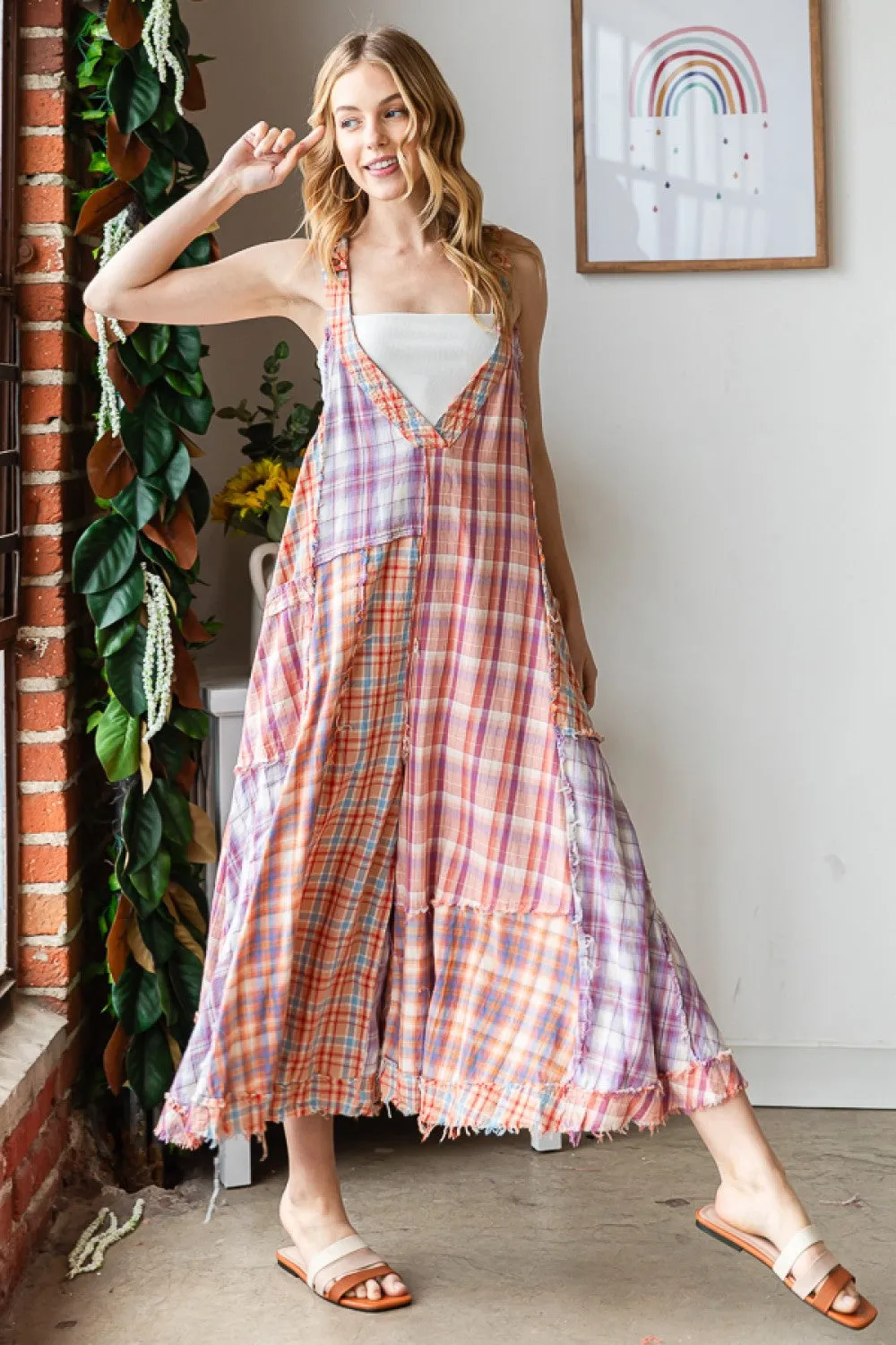Wide Leg Washed Mixed Plaid Jumpsuit - Oli & Hali