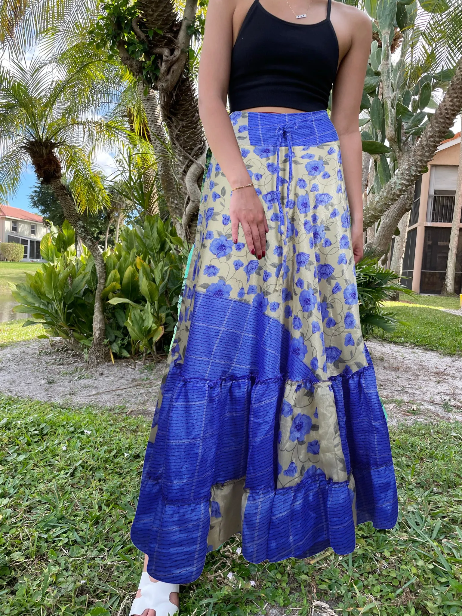 Woman's Maxi Skirt Blue Floral Skirt Patchwork Boho Skirt Dress M/L