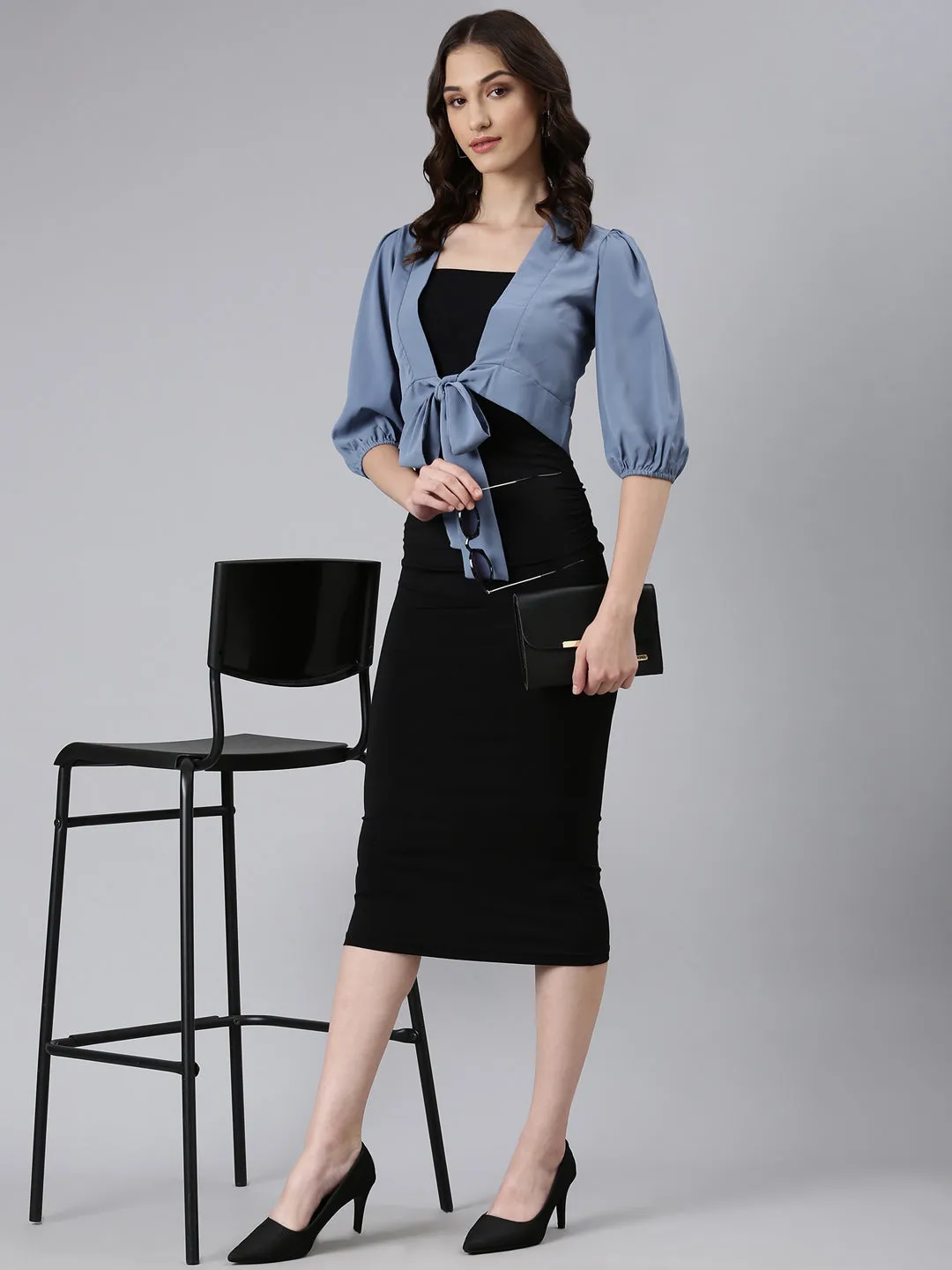 Women Blue Puff Sleeve Tie Up Regular Crop Top