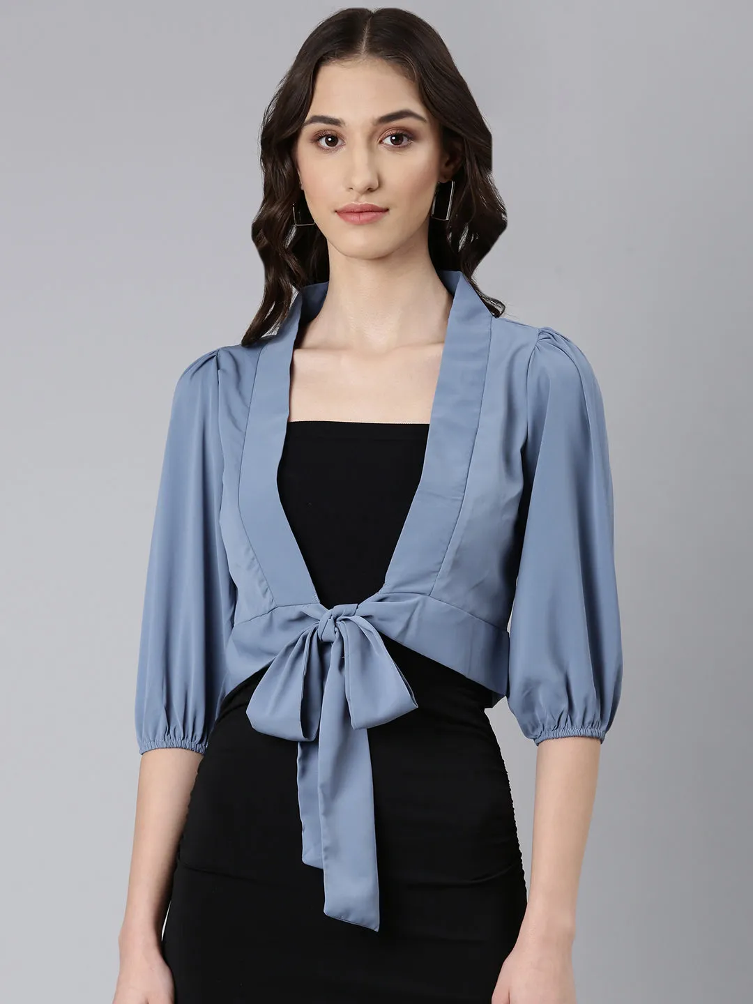 Women Blue Puff Sleeve Tie Up Regular Crop Top