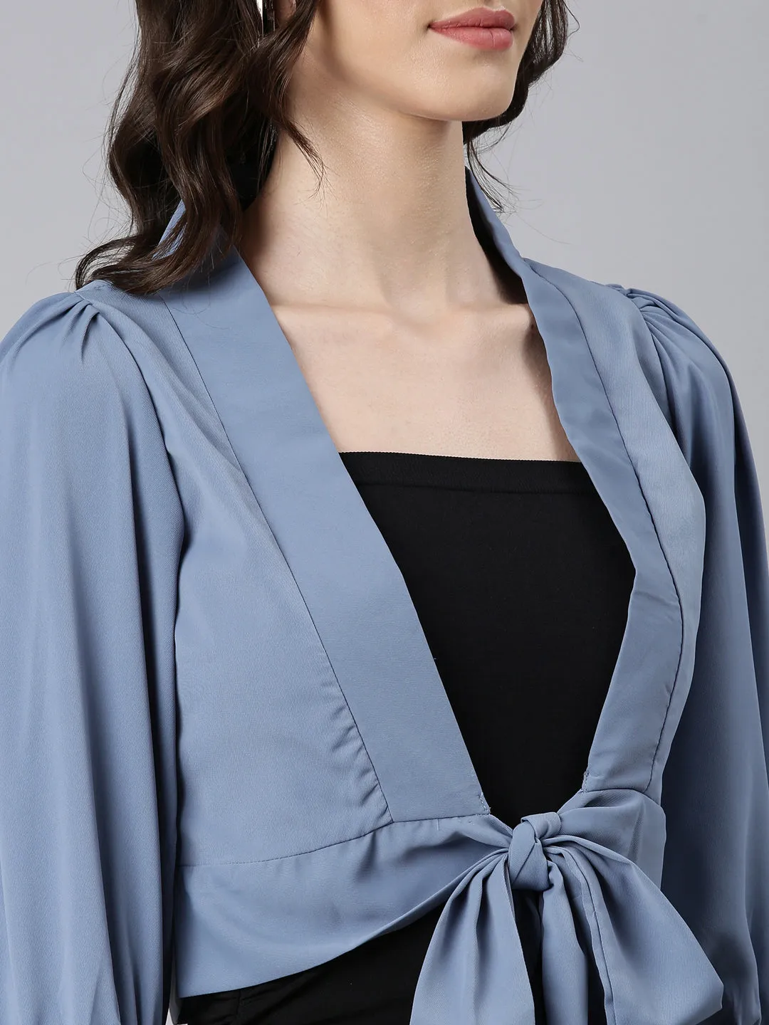 Women Blue Puff Sleeve Tie Up Regular Crop Top