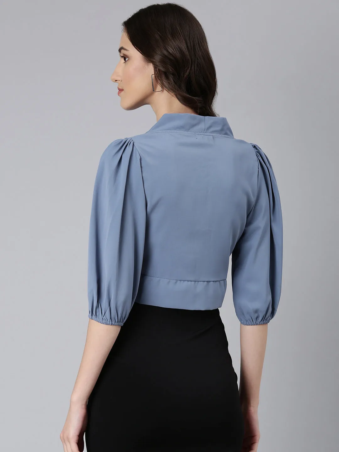 Women Blue Puff Sleeve Tie Up Regular Crop Top