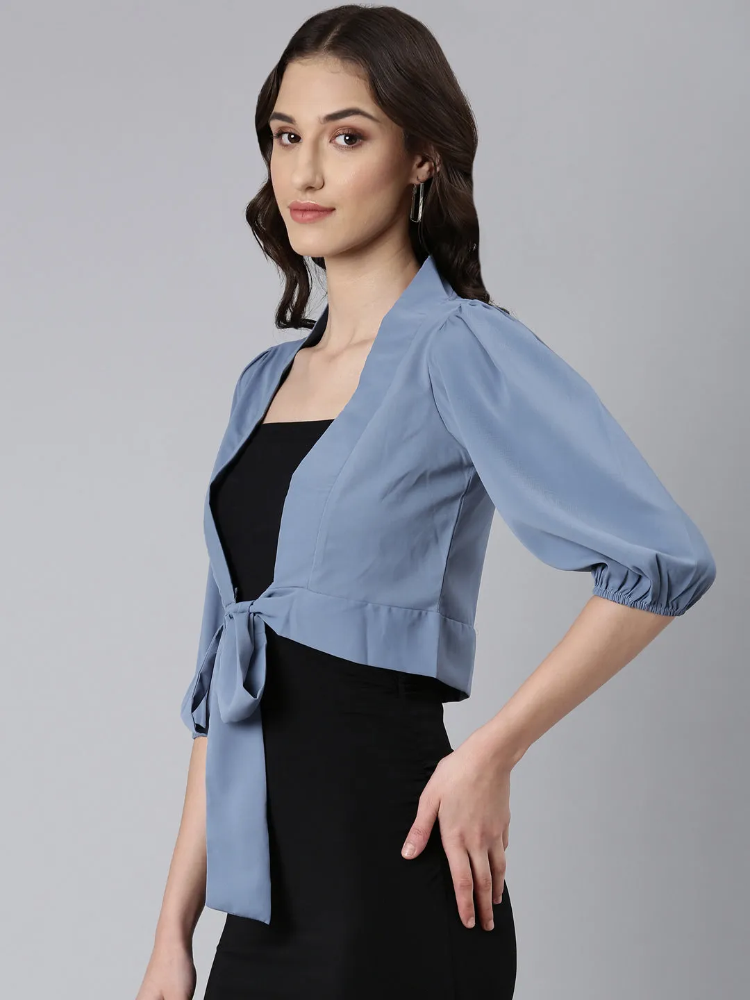 Women Blue Puff Sleeve Tie Up Regular Crop Top