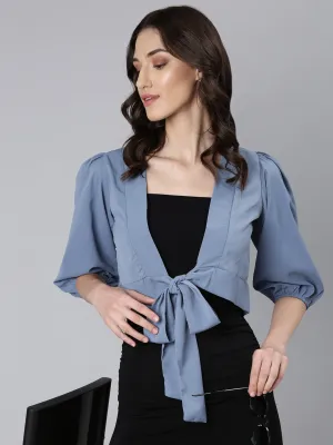 Women Blue Puff Sleeve Tie Up Regular Crop Top
