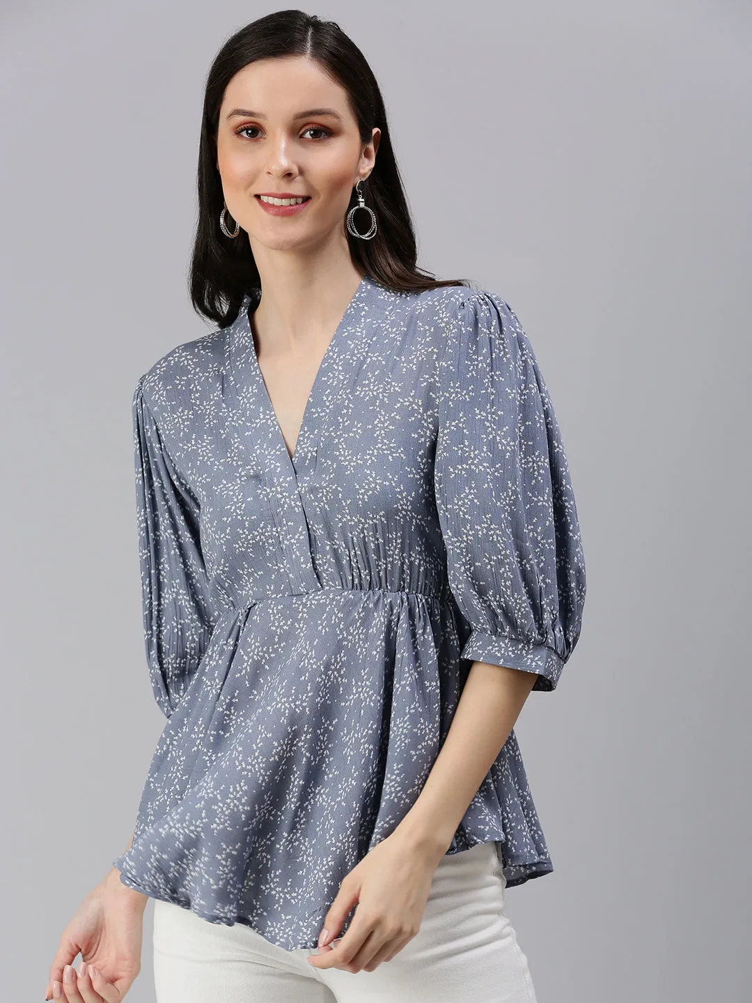 Women Grey Geometric Print Wrap Top