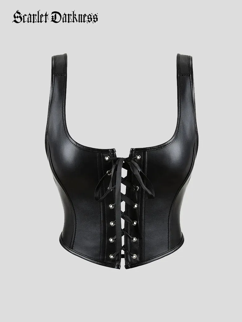 Women Leather Punk Corset Top Tummy Control Bustier