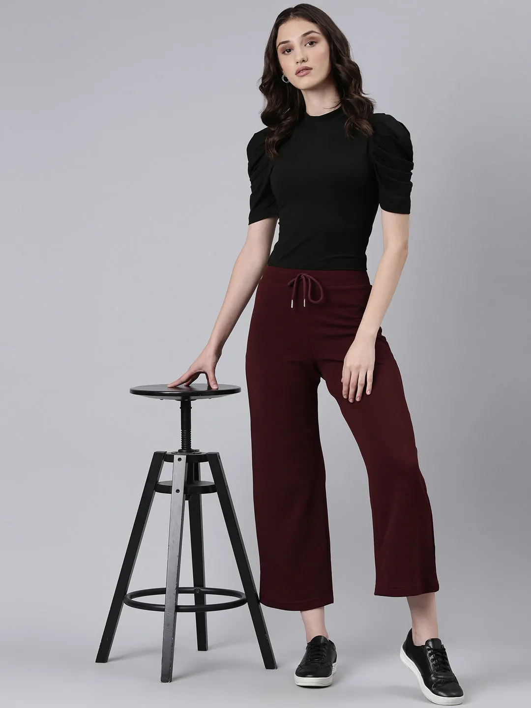 Women Maroon Straight Fit Cropped Parallel Trousers