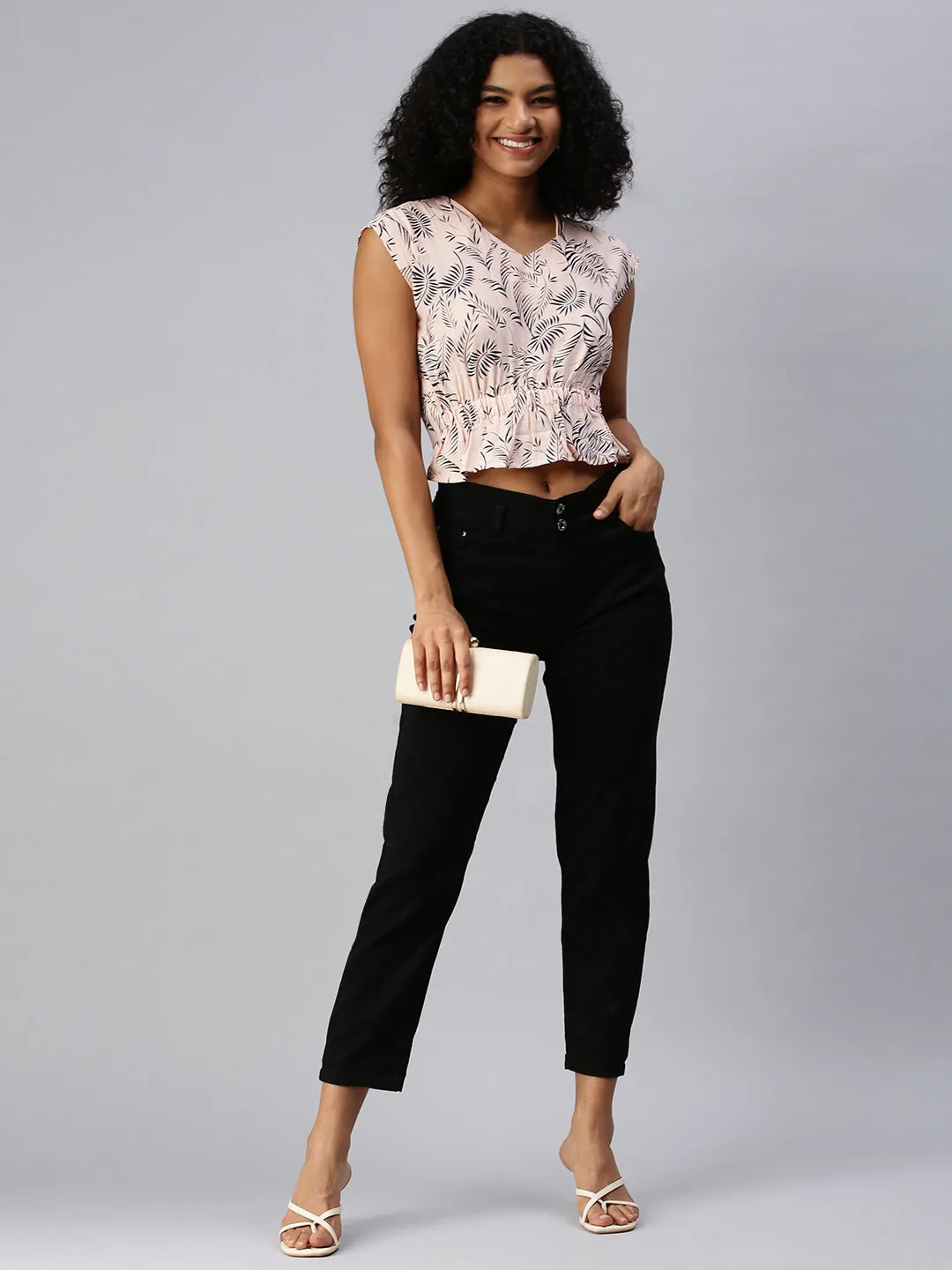 Women Peach Floral Print Crepe Wrap Top