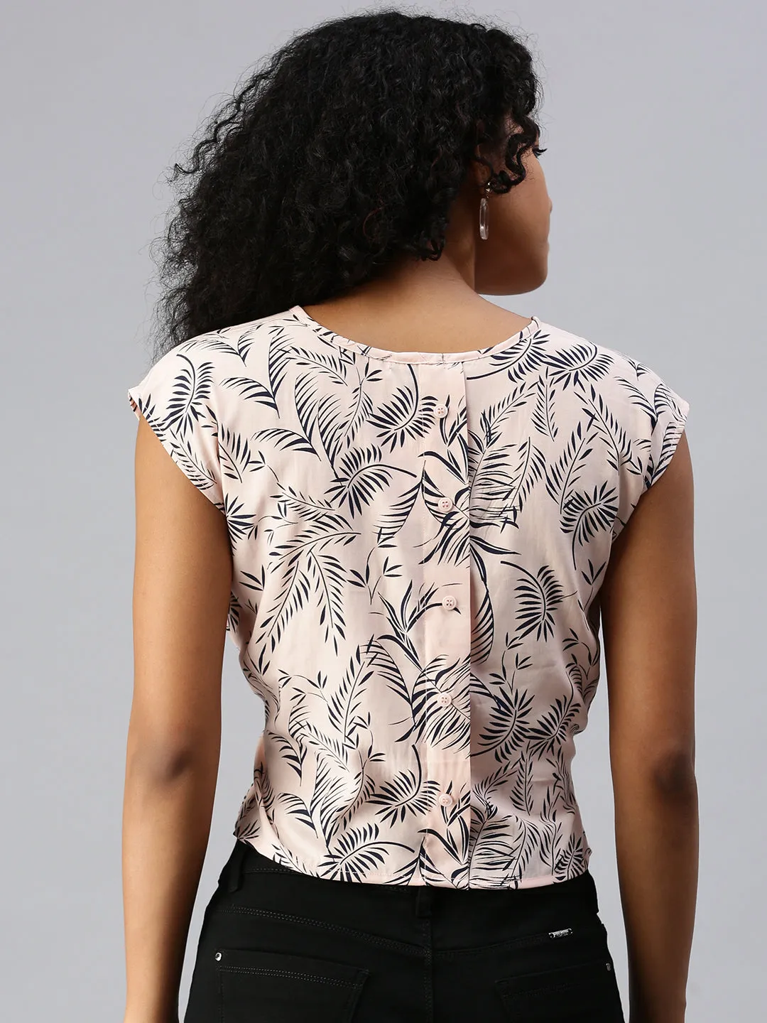 Women Peach Floral Print Crepe Wrap Top