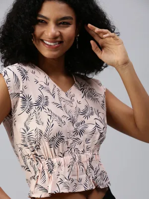 Women Peach Floral Print Crepe Wrap Top