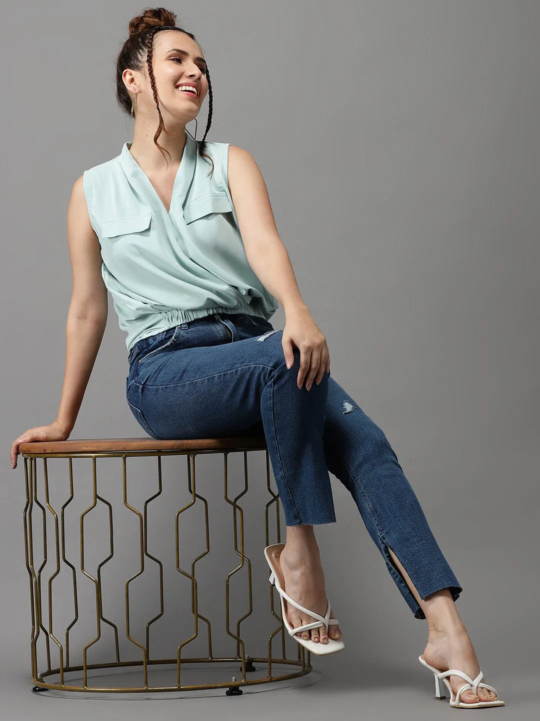 Women Sea Green Crepe Wrap Top