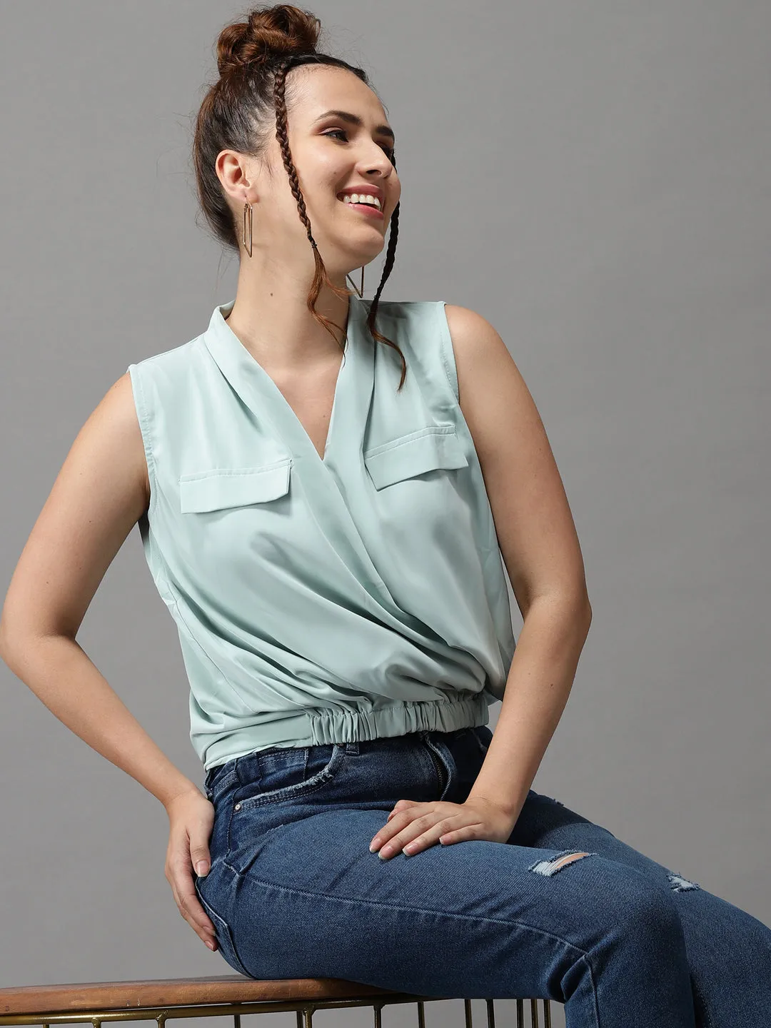 Women Sea Green Crepe Wrap Top