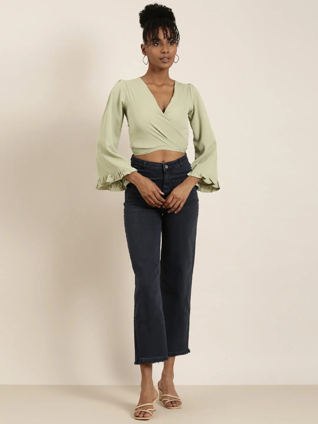 Women Sea Green Flared Sleeve Wrap Crop Top