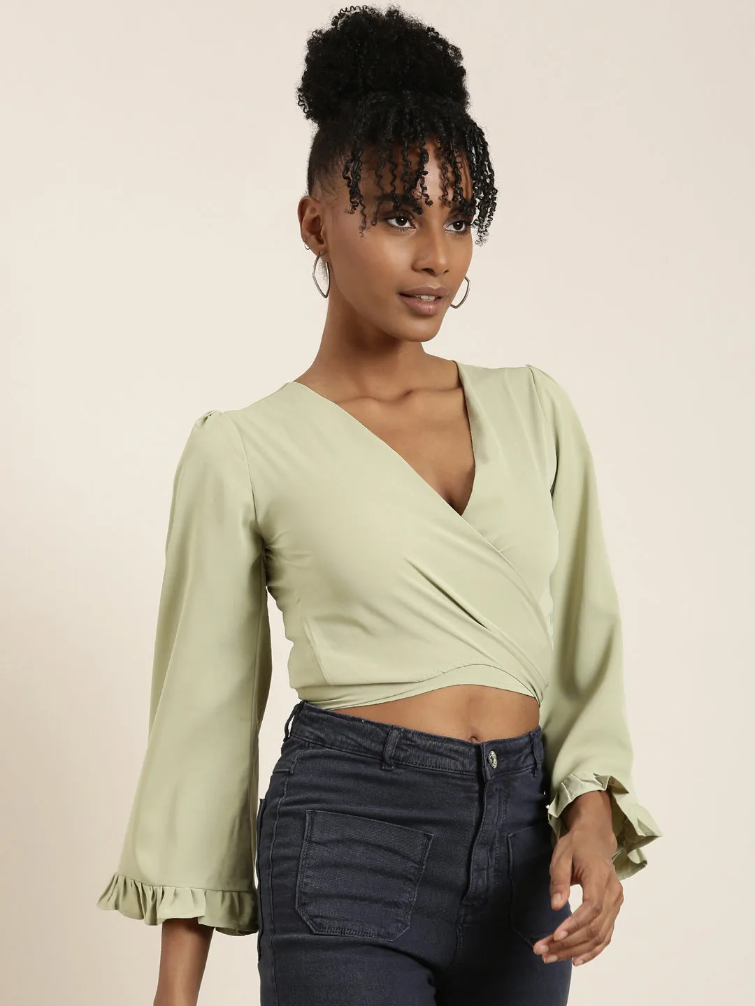 Women Sea Green Flared Sleeve Wrap Crop Top